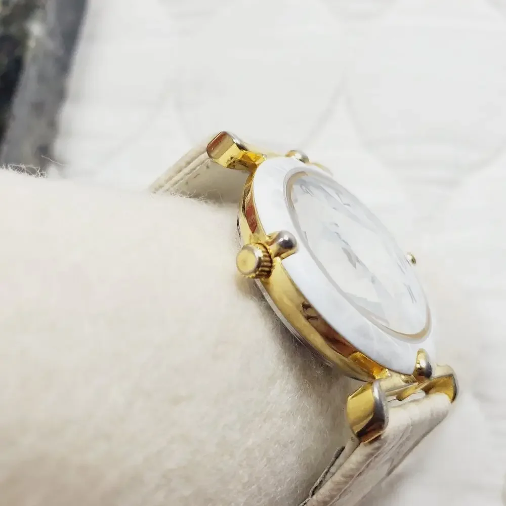 Vintage 80s Ronica Women's Marble Quartz Watch Leather White Band - New Battery